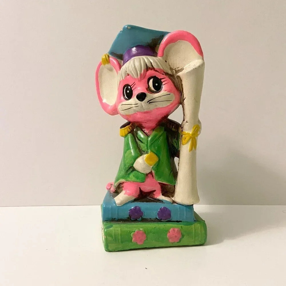 Vintage 1968 OSL Coin Bank Japan Graduating Pink Mouse 7 Inch Tall Figurine